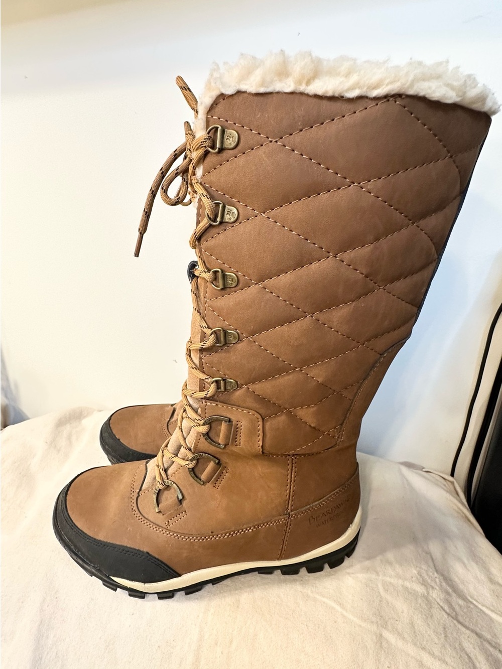 BEARPAW Isabella Tall Lace-Up Winter Boots in Brown with Faux Fur Trim